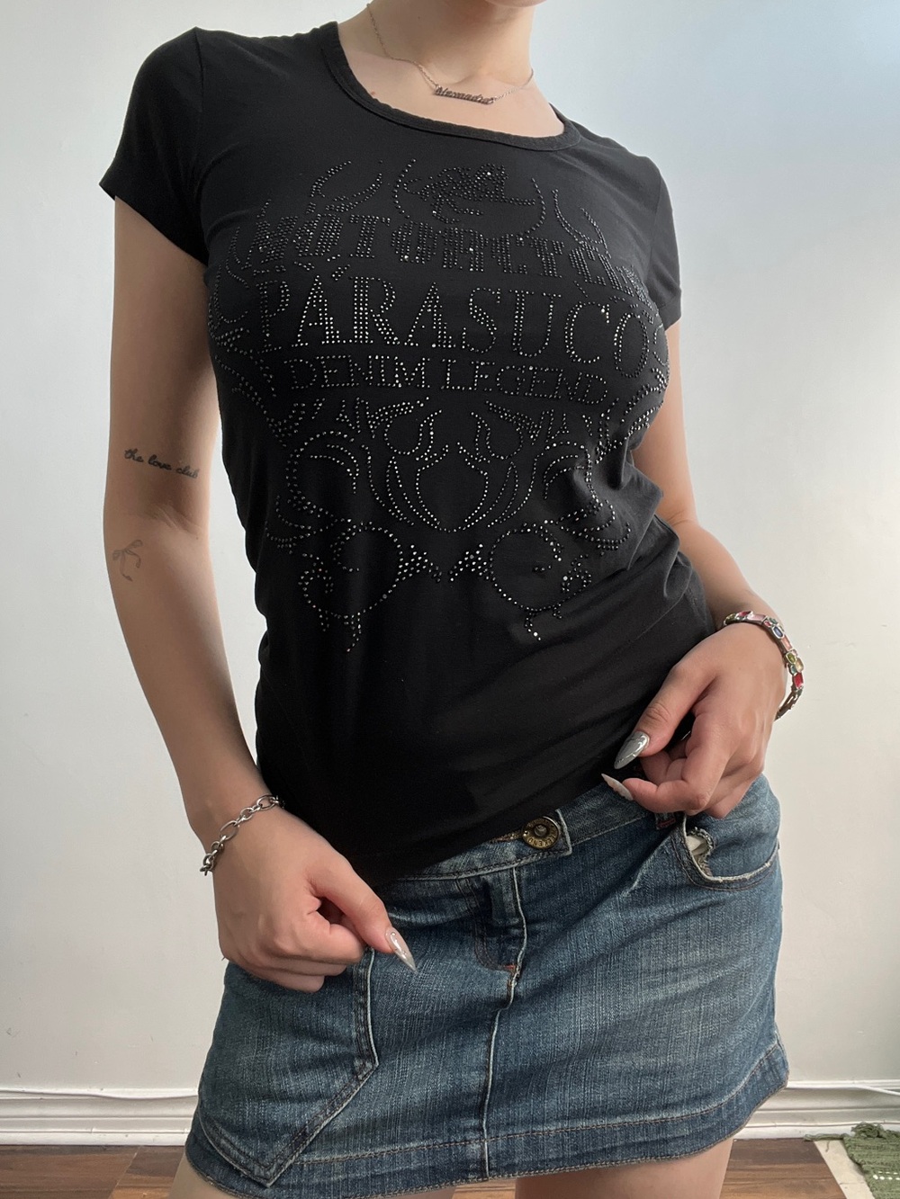 Size Small Y2k Black Bedazzled Parasuco Tshirt